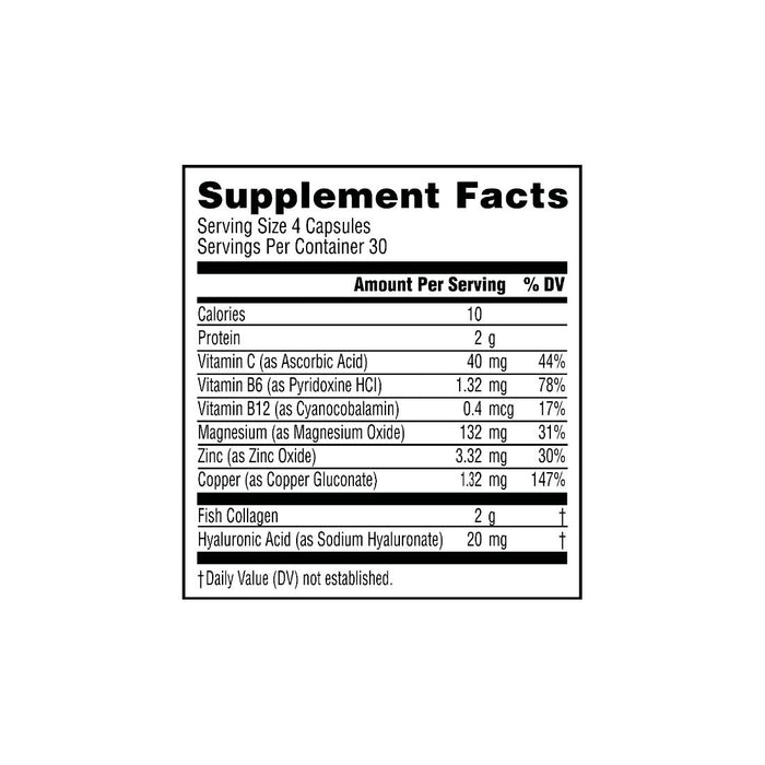 NeoCell Marine Collagen Supplement Facts label lists nutrients per 4-capsule serving: fish-sourced collagen for skin, Vitamin C, B6, B12, magnesium, zinc, copper, and hyaluronic acid—each with daily values provided.