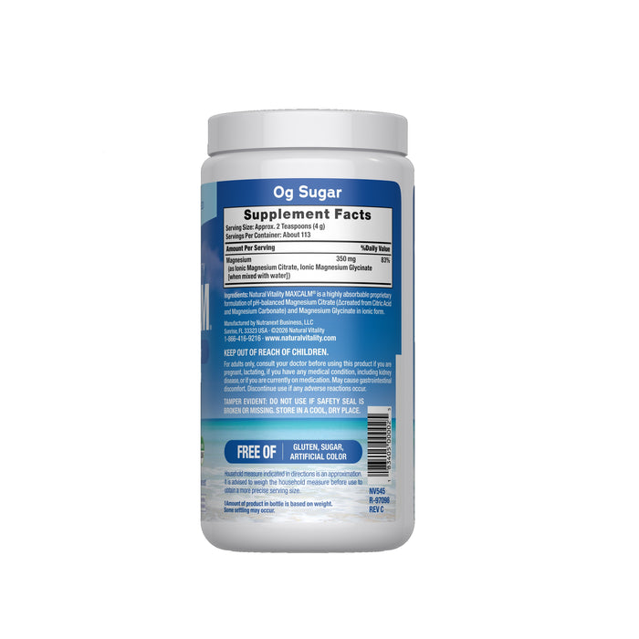 A white plastic container labeled MAXCALM Original Powder - Unflavored by Natural Vitality shows supplement facts and ingredients on the back with a blue background, highlighting its daily magnesium powder formula and detailing nutritional info and free-from claims.