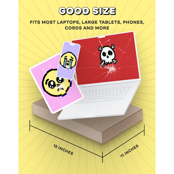 A laptop, tablet, and phone with cracked screens show skull and smiley face designs on a Medium Tech Take Back Box by Trashie. Text above says: Good Size. Fits most unwanted electronics like laptops, large tablets, phones, cords, etc. Box dimensions are 15 x 11 inches.