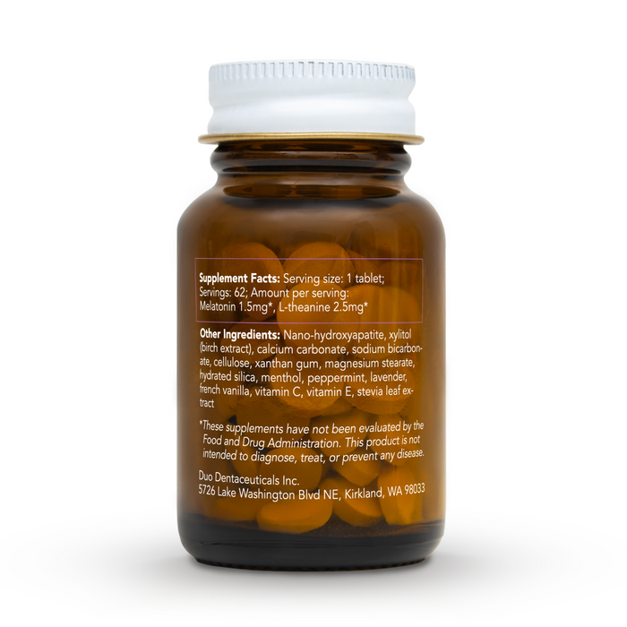 A brown bottle with a white cap labeled duo Toothpaste Melatonin Toothpaste Tablets features supplement facts and ingredients, including melatonin and L-theanine for enhanced absorption. Its not FDA evaluated. Company address: Kirkland, WA.