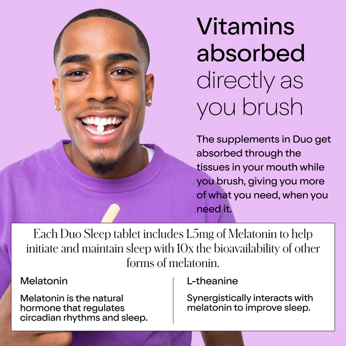 A person with short hair smiles with a toothbrush against a purple background. Text explains how duo Toothpastes Melatonin Toothpaste Tablets use mucosal absorption to deliver melatonin and L-theanine benefits for better sleep while brushing.