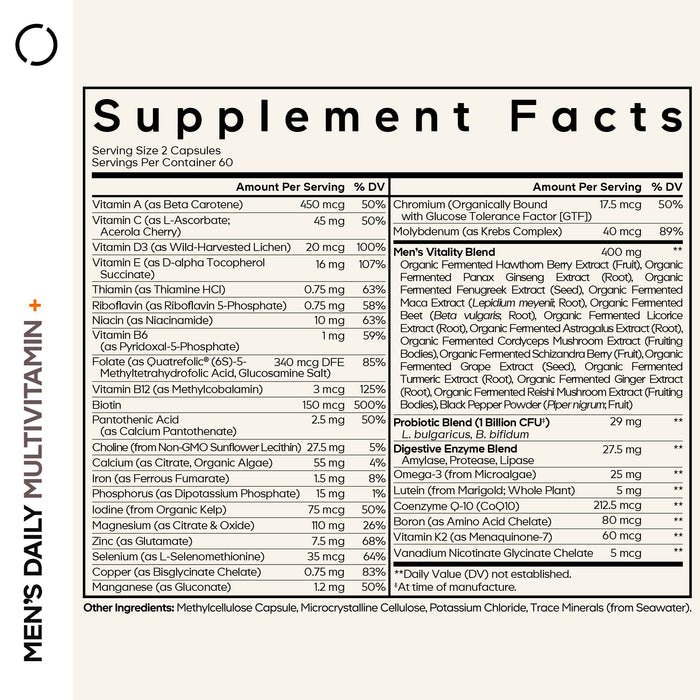 Supplement Facts label for Codeage Mens Fermented Multivitamin+ shows essential vitamins, minerals, and a mens vitality blend. Each serving is two capsules—60 servings per container—all made with whole food ingredients.
