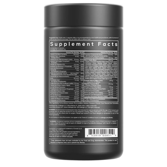 Codeage Mens Fermented Multivitamin+ comes in a black bottle with a white label displaying Supplement Facts like essential vitamins, serving size, daily values, ingredients list, small text nutritional info, and a barcode at the bottom.
