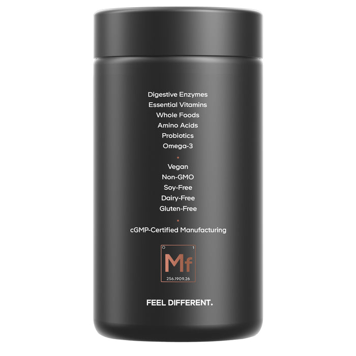 A black Codeage Mens Fermented Multivitamin+ container with white text lists essential vitamins, probiotics, and features like vegan, non-GMO, soy-free, dairy-free, gluten-free. FEEL DIFFERENT appears at the bottom.