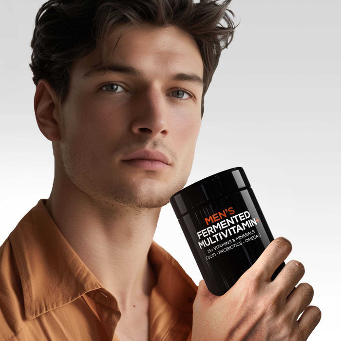 A young man with wavy brown hair and an open-collared orange shirt holds a black bottle of Codeage Mens Fermented Multivitamin+ against a light gray background, showcasing the benefits of essential vitamins.