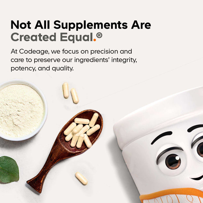 A container of Codeage Mens Fermented Multivitamin+ with a smiling face is shown beside capsules, a wooden spoon, and powder. The text reads: Not All Supplements Are Created Equal—choose Codeage vitamins for real results.