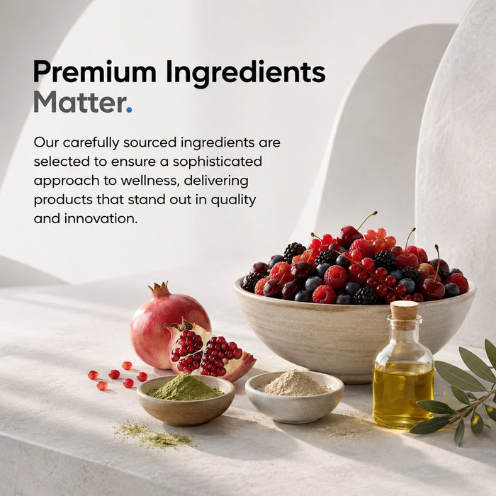 A bowl of mixed berries, a pomegranate, green and white powders in small bowls, and a bottle of oil on a white surface with the text: Premium Ingredients Matter. Discover Codeage Methylated Multivitamin+ Capsules—formulated with essentials like methylfolate and vitamin B12 to set the standard for quality nutrition.