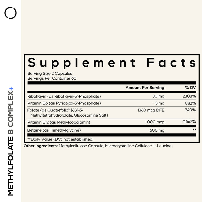 Supplement Facts label for Codeage Methylfolate B Complex+ Capsules, highlighting a comprehensive blend of methylated vitamins and B complex nutrients. The label presents serving size, ingredients with amounts and daily values for riboflavin, vitamin B6, folate, vitamin B12, and betaine. Ingredients are detailed below on a white background.