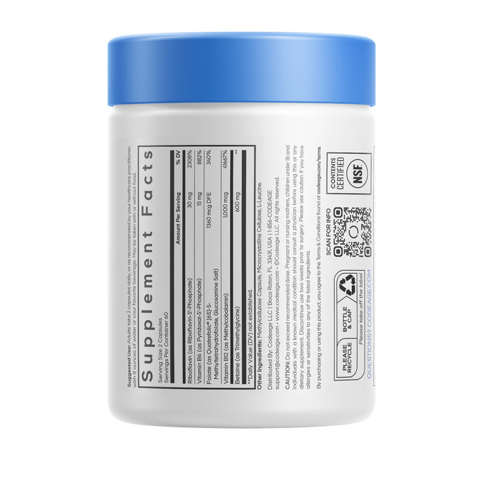A white Codeage Methylfolate B Complex+ Capsules supplement container with a blue lid, displaying a Supplement Facts label and a QR code on the side, as well as certification and recycling symbols. This product may contain methylated vitamins such as methylfolate along with other B complex nutrients for optimal support.