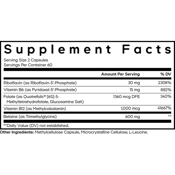 The Supplement Facts label for Codeage Methylfolate B Complex+ Capsules displays a serving size of 2 capsules, with 60 servings per container. It details the amounts and % daily values per serving for key B complex vitamins—including B2, B6, and B12—along with methylfolate and betaine. This formula features methylated vitamins to help support optimal absorption.