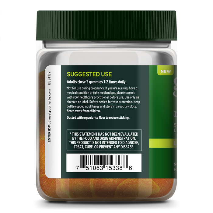 The Gaia Herbs Milk Thistle Gummies bottle advises adults to chew 2 gummies 1-2 times daily for healthy liver function. Caution is advised for pregnant, nursing, or medicated individuals. Keep away from heat and children. Note: not evaluated by the FDA.