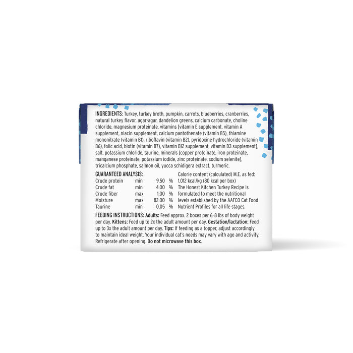 Back view of The Honest Kitchen Minced Wet Cat Food Turkey in Bone Broth Gravy box showing ingredients, nutritional info highlighting cage free turkey, guaranteed analysis, feeding instructions, barcode, and a white background with blue edging.