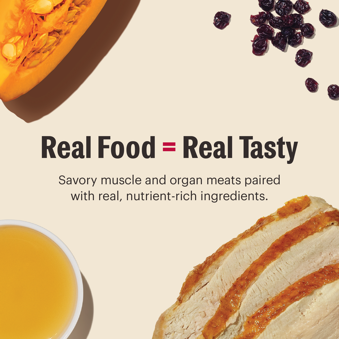 A bowl of broth, sliced turkey, pumpkin, and dried berries surround text that reads: “The Honest Kitchen Minced Wet Cat Food Turkey in Bone Broth Gravy pairs cage free turkey with real, nutrient-rich ingredients for truly tasty cat food.”.
