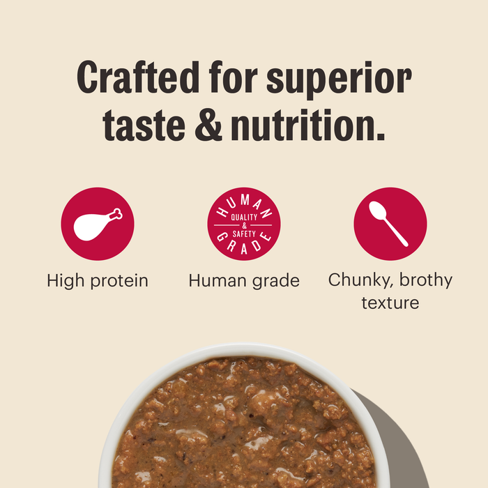 A bowl of Minced Wet Cat Food Turkey in Bone Broth Gravy by The Honest Kitchen sits below text reading, Crafted for superior taste & nutrition, with icons for high protein, cage free turkey, and human grade ingredients.