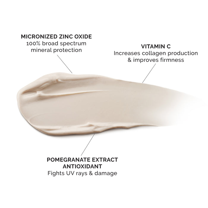 A smear of MDSolarSciences Mineral Crème SPF 50 highlights Micronized Zinc Oxide for mineral, broad spectrum protection, Vitamin C for firmness, and Pomegranate Extract as an antioxidant against UV rays.