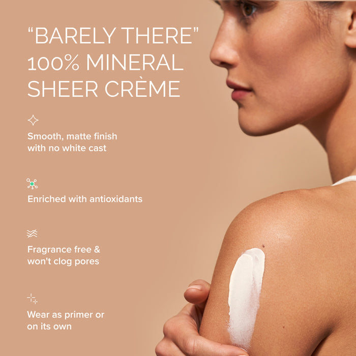 A woman with clear skin applies a streak of white cream to her bare shoulder. Text highlights features of MDSolarSciences Mineral Crème SPF 50: broad-spectrum protection, matte finish, antioxidants, no white cast, and fragrance-free.
