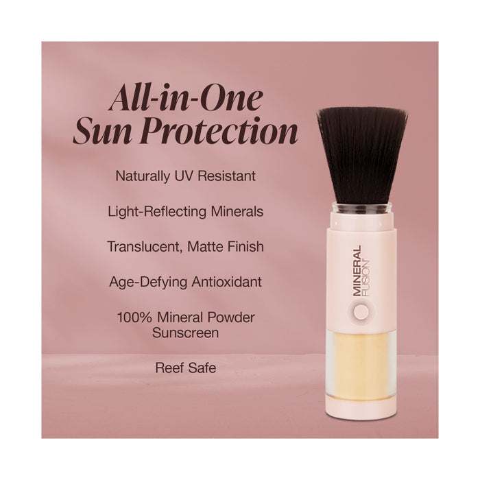 Mineral Fusions Mineral SPF 30 Brush-On Sun Defense is shown beside text highlighting its benefits: UV resistant, light-reflecting minerals, matte finish, antioxidants, broad-spectrum SPF 30, and reef-safe brush-on protection.