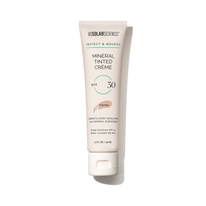 A tube of MDSolarSciences Mineral Tinted Crème SPF 30 with a white background and a minimalistic design, featuring beige, green, and black text on the front.