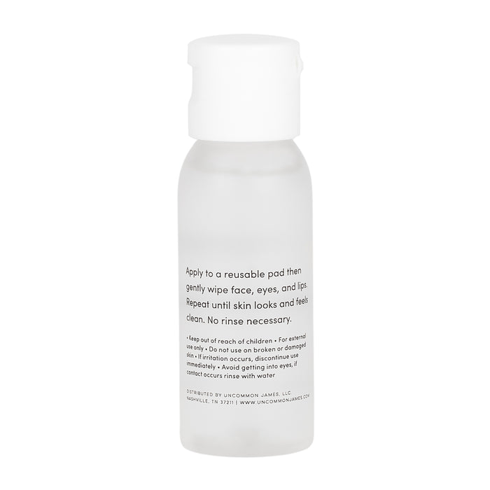 Uncommon Beauty Mini Micellar Water comes in a frosted plastic bottle with a white cap and labeled instructions for use. Apply the gentle cleanser to a reusable pad; avoid contact with eyes.