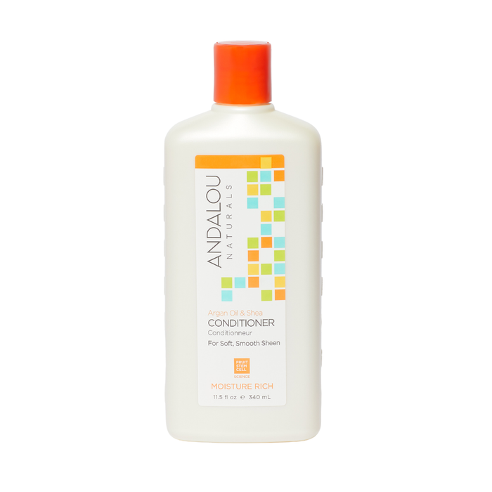 A white Andalou Naturals bottle with an orange cap features a label of colorful squares that reads Moisture Rich Argan Oil & Shea Conditioner for Soft, Smooth Sheen and holds 11.5 fl oz (340 ml).