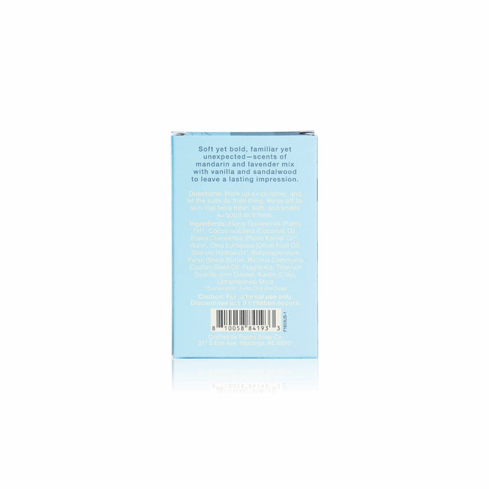 A light blue rectangular Foxly Moisturizing Bar Soap box with white text listing scent, nourishing oils, directions, barcode, and company address on the back, shown against a white background.