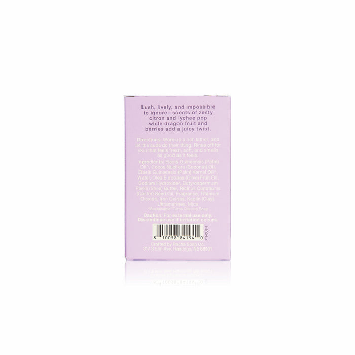 The back of the lavender Foxly Moisturizing Bar Soap box features white text with usage directions, clean ingredients, nourishing oils, and cautions. Small, light print makes these details slightly hard to read.