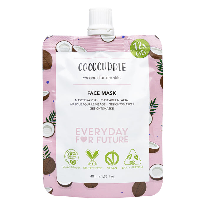 A pink sachet of Everyday For Future Moisturizing Coconut Face Mask for dry skin, featuring coconut illustrations. This vegan, cruelty-free mask offers 12 uses and a 98% natural, earth-friendly hydrating formula.