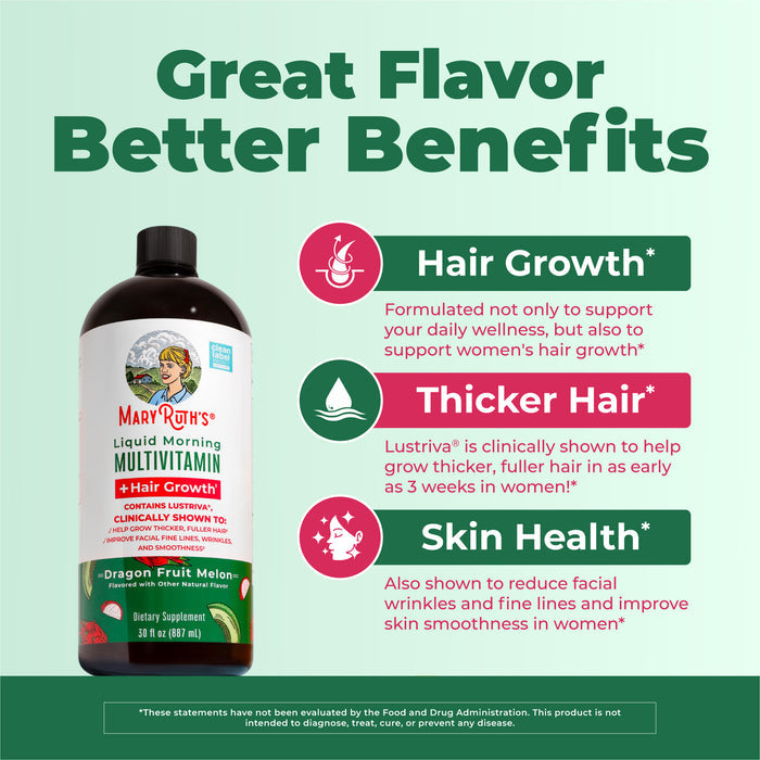 A bottle of MaryRuth's Morning Multivitamin + Hair Growth Liquid featuring Lustriva for hair growth, increased thickness, and skin health is shown on a green background with icons and benefit highlights.