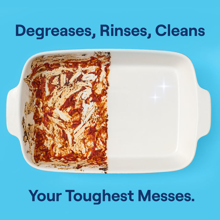 Against a blue background, a rectangular baking dish shows baked-on residue on the left and a gleaming surface on the right with Triple Action Clean. Text reads, Degreases, Rinses, Cleans Your Toughest Messes, featuring Seventh Generation Multi-Chamber Dishwasher Detergent Packs.
