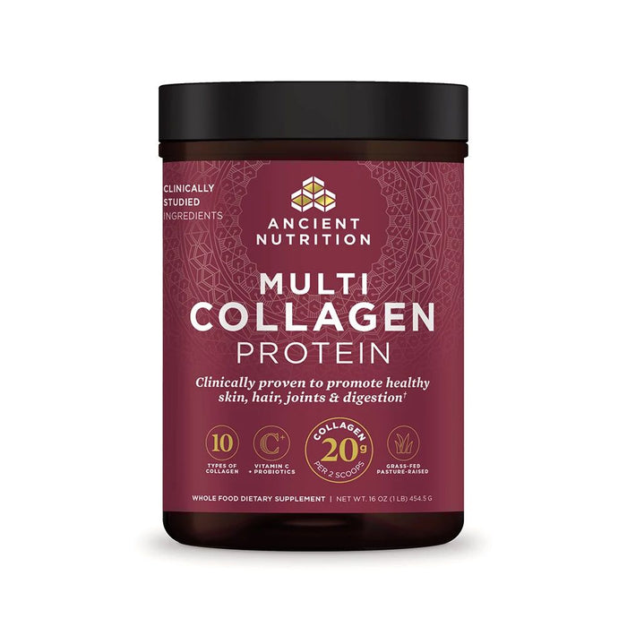 Ancient Nutritions Multi Collagen Protein Powder offers skin, hair, joint, and digestive benefits. It contains 10 collagen types, Vitamin C, probiotics, is dairy-free, and uses pasture-raised sources.