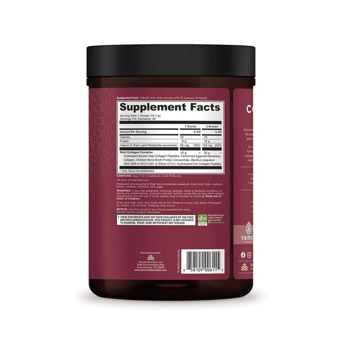 A dark brown Multi Collagen Protein Powder container by Ancient Nutrition features a maroon label with supplement facts, ingredients, and brand info. It highlights collagen peptides with added Vitamin C and displays various certifications and details in white text.