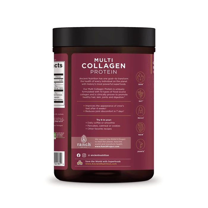 A dark red container of Multi Collagen Protein Powder by Ancient Nutrition highlights benefits like reducing crows feet and joint discomfort. Infused with collagen, its ideal for drinks and recipes. Contains 20+ joints information.