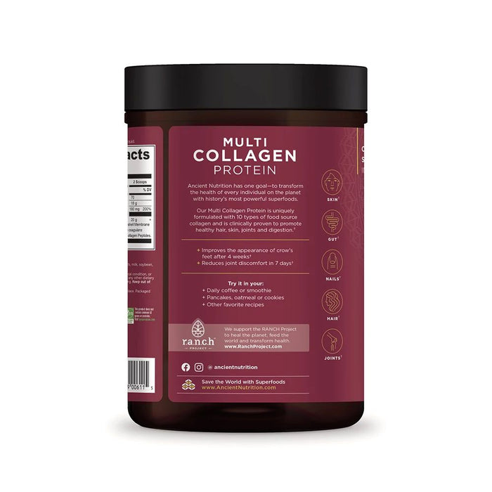 A maroon-labeled container of Ancient Nutrition Multi Collagen Protein Powder highlights benefits like skin, hair, and nail support. Infused with Vitamin C, it includes the brand logo and social media handle at the bottom.