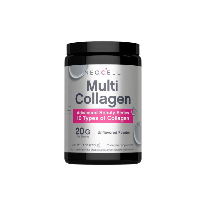 NeoCell Multi Collagen powder comes in a black 9 oz (255g) container, offers 10 types of collagen with high bioavailability, and provides 20g unflavored collagen per serving. Labeled Advanced Beauty Series.