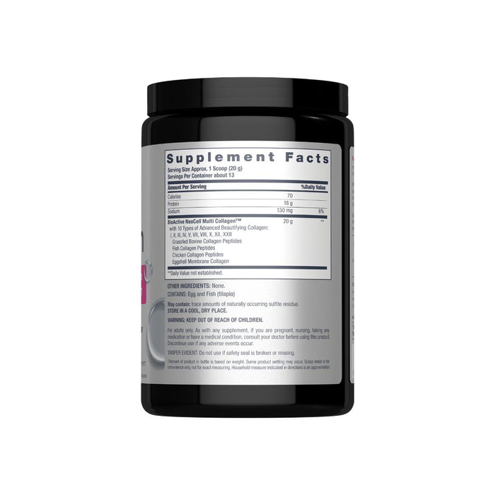 Black supplement container with a white label displaying Supplement Facts, ingredients, and usage instructions. The NeoCell Multi Collagen label highlights hyaluronic acid and biotin for optimal bioavailability.