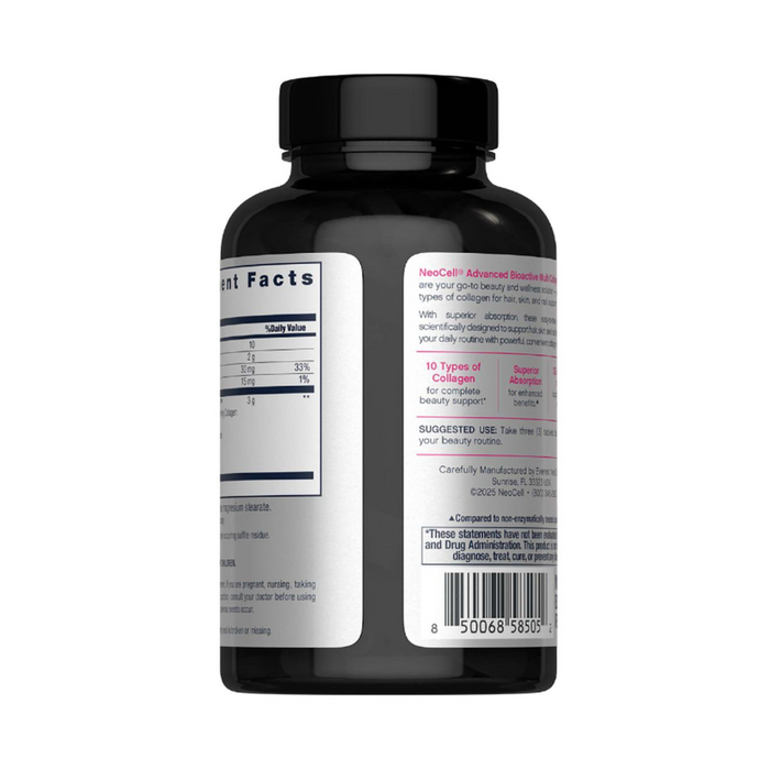 A black plastic NeoCell Multi Collagen Tablets supplement bottle with a black lid features side and back labels showing nutrition facts, product info, bioavailability details, suggested use, and a barcode at the bottom.