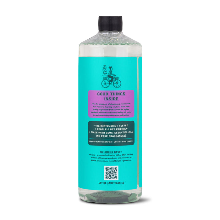 Aunt Fannies Multi-Surface Floor Cleaner has a blue label with a bicycle illustration and Good Things Inside. It features plant-based surfactants, is dermatologist tested, people and pet friendly, and contains no artificial fragrances.