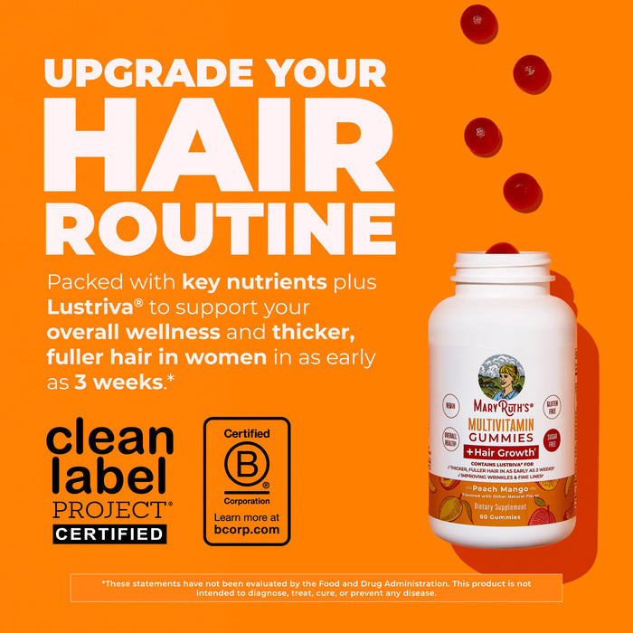 A vibrant orange ad for MaryRuth’s Multivitamin + Hair Growth Gummies shows peach mango gummies spilling from the bottle, highlighting thicker, fuller hair and improved skin for women in 3 weeks, along with clean label certification.