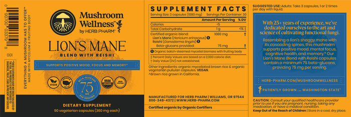 A yellow and blue label for Herb Pharm’s Mushroom Wellness Lions Mane Blend Caps lists ingredients, suggested use, mood and memory benefits, certification details, Reishi info, logos, and a box about the company’s experience.