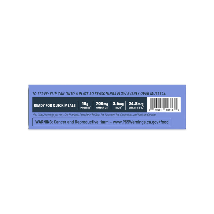A blue label for Patagonia Provisions Mussels Smoked, responsibly sourced and packed in organic extra virgin olive oil, highlights 18g protein, 700mg Omega-3, 3.6mg iron, and 2.4–8mg vitamin B12. Includes cancer warning and serving instructions.