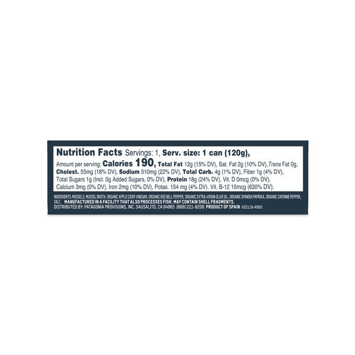 Patagonia Provisions Mussels Spicy: 1 can (120g) per serving—190 calories, 12g fat, 510mg sodium, 10g protein, 14g carbs (3g fiber). Responsibly sourced ingredients.