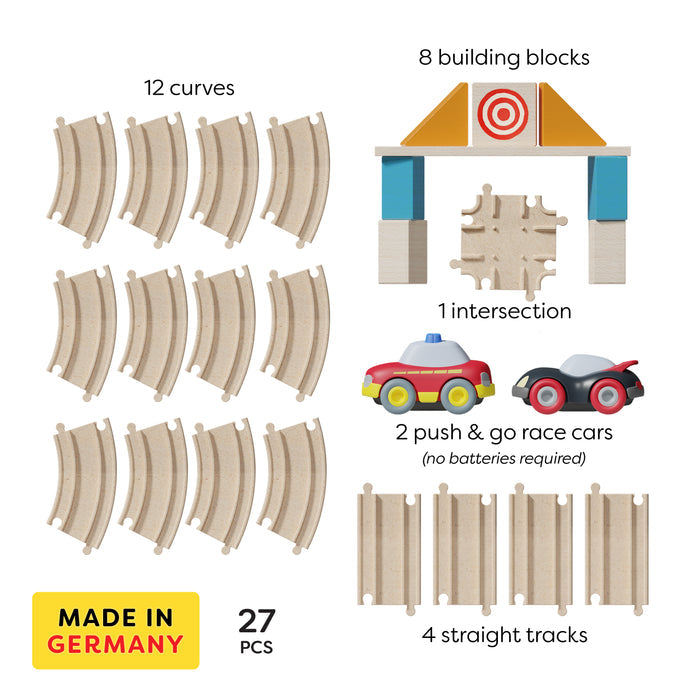 The HABA My First Racetrack is made from 100% recycled materials and includes 12 curves, 4 straights, 1 intersection, 8 blocks, and 2 push-and-go race cars (27 pcs). Made in Germany for ages 2+.