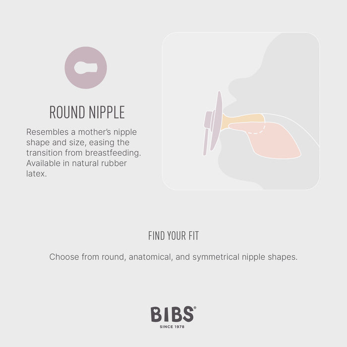 Illustration of a pacifier with a round nipple. Text describes it as resembling a mother's nipple shape and size to ease transition from breastfeeding. Available in natural rubber latex. Option to choose different nipple shapes. Brand: BIBS.