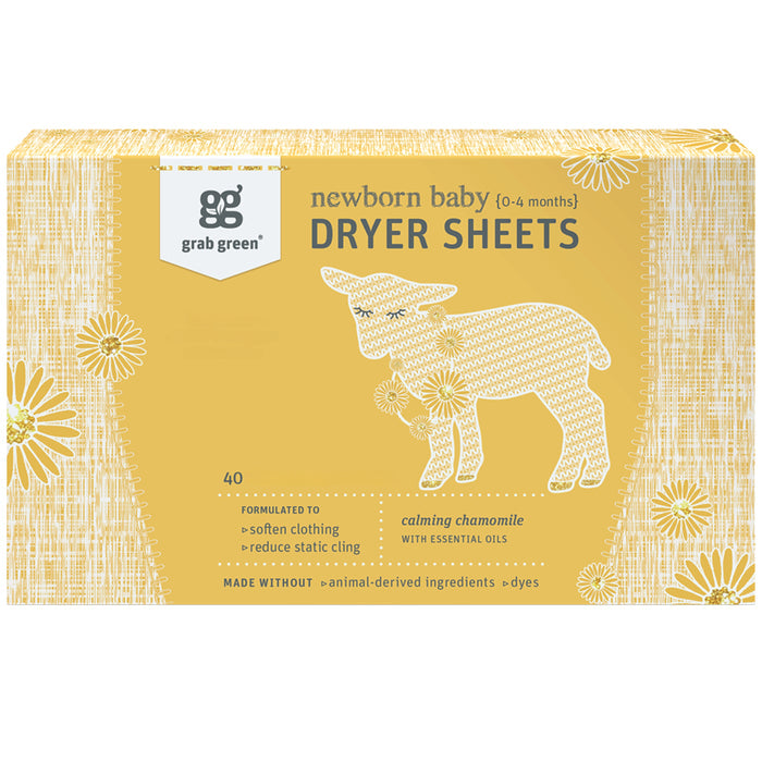 A yellow box of grab green Newborn Baby Dryer Sheets - 3 Pack - Chamomile (Coming Soon!), featuring a white lamb among flowers. The packaging highlights the chamomile scent and static cling protection for babies aged 0-4 months.