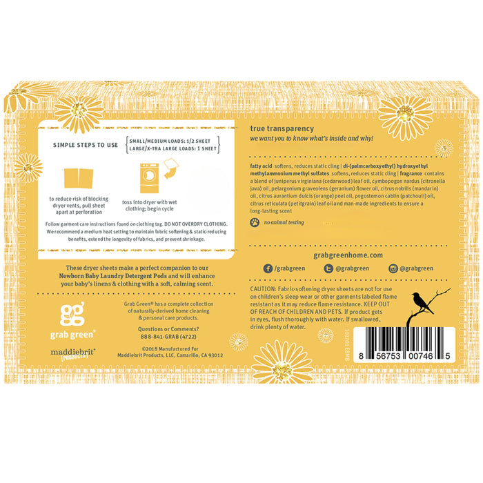 Back of a box of grab green Newborn Baby Dryer Sheets - 3 Pack - Chamomile (Coming Soon!). The yellow packaging shows usage instructions, Chamomile scent info, recycling details, contact info, and white floral illustrations.