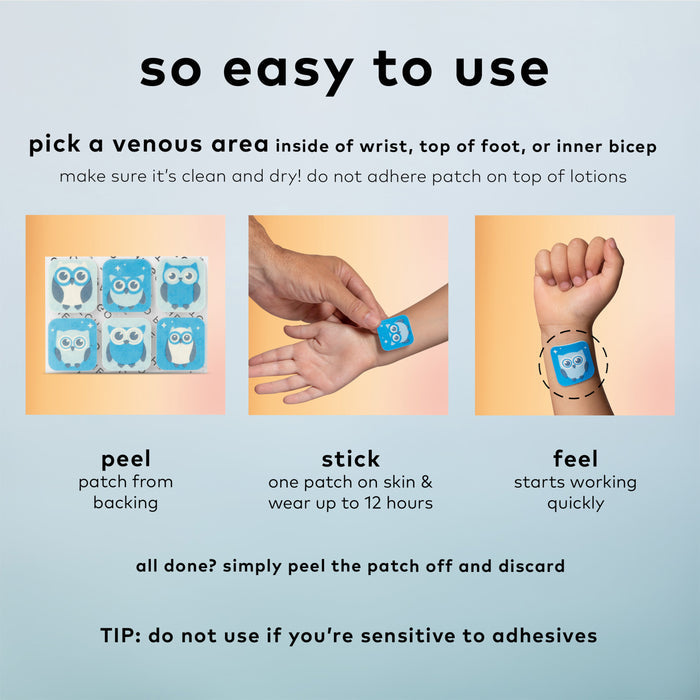 A three-step guide to using The Good Patch’s Nite Owl Childrens Wellness Patch for bedtime: 1) Peel the patch. 2) Stick on wrist, top of foot, or inner bicep. 3) Feel plant-powered effects. Caution for adhesive sensitivity included at the bottom.
