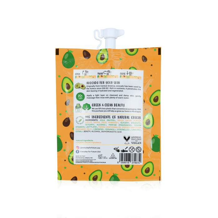 The vibrant orange Face Scrub - Yummycado pouch from Everyday For Future showcases avocado illustrations and a white spout for easy use. It highlights vegan, green, and clean skincare benefits with natural ingredients that emphasize sustainable beauty practices.