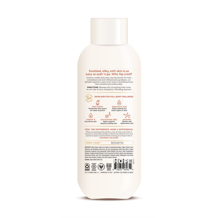 The back of the Soapbox Nourishing Body Wash bottle displays product details, directions, and ingredients with cucumber extract. It highlights moisturizing benefits and features icons like a raindrop and plant leaf, along with certification logos at the bottom.