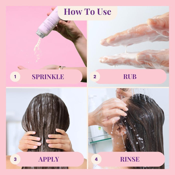 Four steps to repair damaged hair with The Powder Shampoo Nourishing Repair Conditioner: 1. Sprinkle powder on hands, 2. Rub together, 3. Apply to wet hair, 4. Rinse thoroughly to help restore natural oils. Pink and white background.