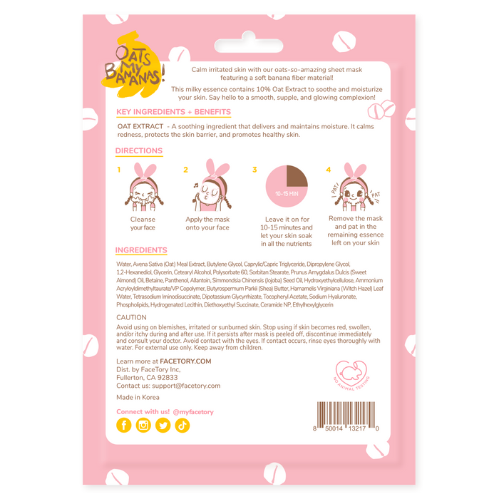 The Oats My Bananas Sheet CALMING Mask by FaceTory features pink packaging with a cartoon bunny-eared girl applying the mask. Its soothing formula contains oat extract, is hydrating, requires 10-15 minutes of use, and no rinsing. Contact info and product details are printed on the package.